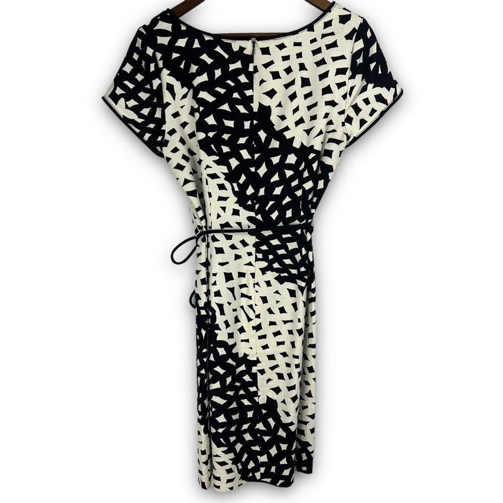 Talbots Cream Black Short Sleeve Belted Geometric Sheath Midi Dress Size 10 - Picture 2 of 13